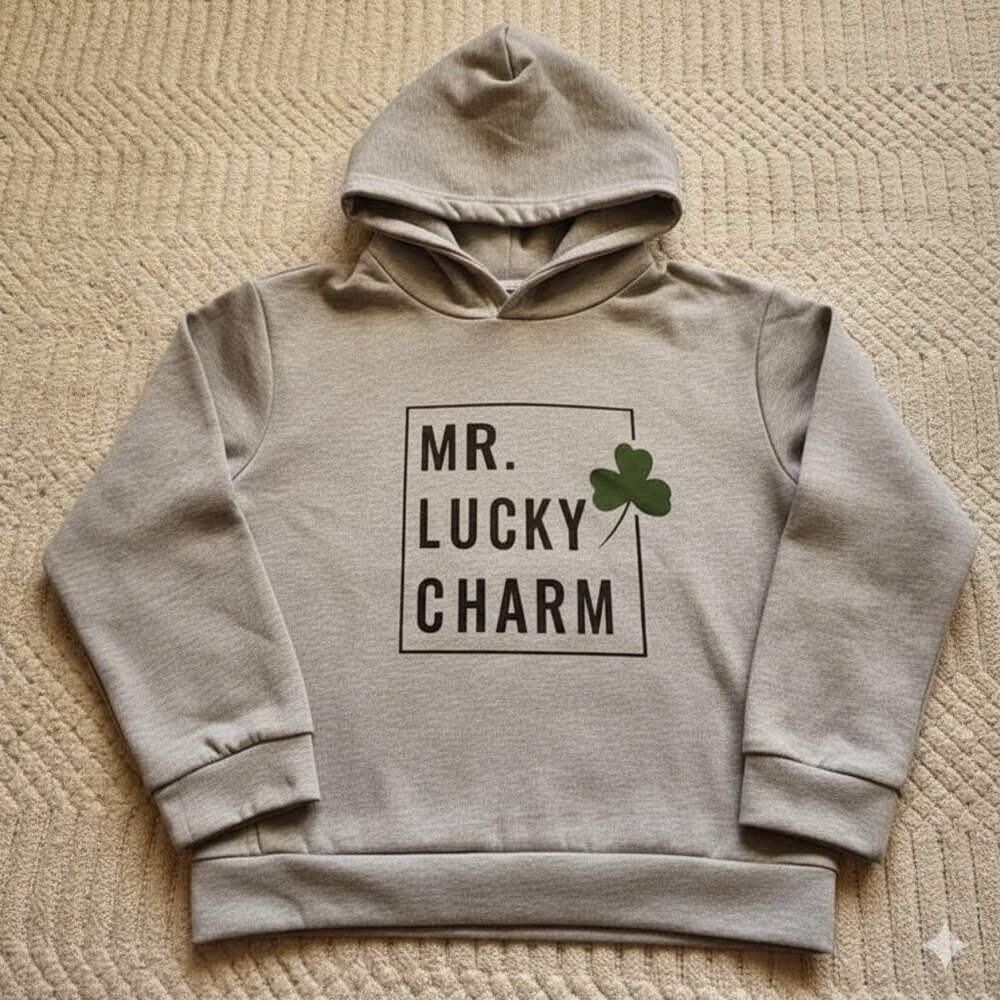 Kids Gray “MR. LUCKY CHARM” Shamrock Hoodie Size L - Picture 2 of 16